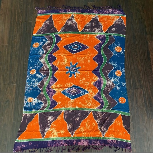 Vintage Indonesian Orange Navy Purple Green Hand Dyed Batik Sarong Pareo Coverup - Picture 3 of 10